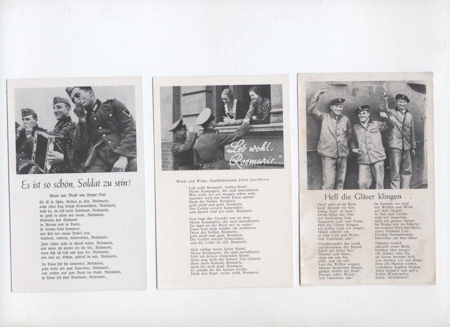 Trois cartes postales de chansons militaires